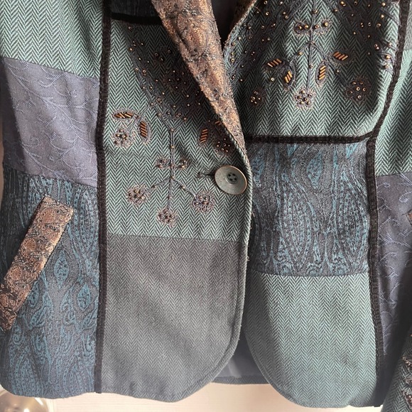Coldwater Creek Beaded Patchwork Blazer Jacket Green Brown Metallic Trim Sz 6 - Picture 16 of 16